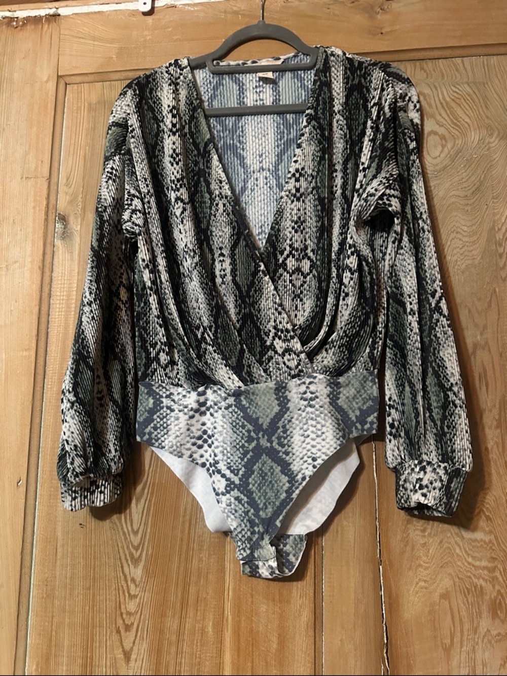 H&M Snake Print Long Sleeve Wrap Bodysuit in Black, Green, Cream